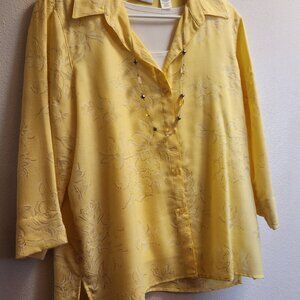 Alfred Dunner 3/4 Sleeve Top Size 12 Yellow White Sparkle Floral Pattern